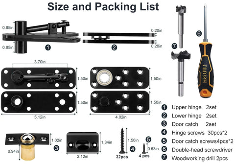 Heavy Duty Hidden Door Pivot Hinge For Cabinets And Secret Doors With 570 Lb Load Bearing Thickened Solid Alloy Steel Construction Built To Last Fits 1.57 To 10 Inch Door Thickness 5.12 Inch Long And 1.5 Inch Wide Keeps Doors From Sagging. size and packing list with hinges, screws, drill bits, and screwdriver