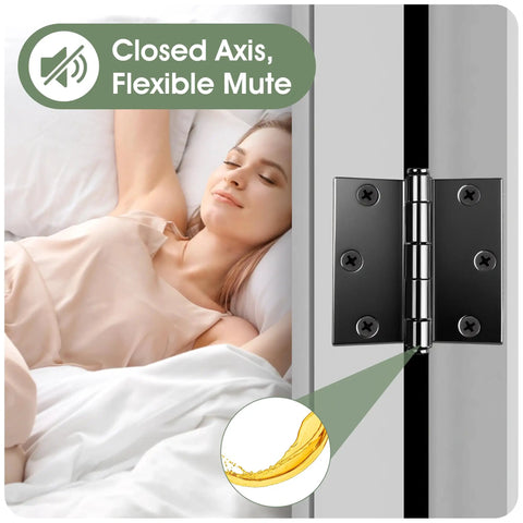 Woman resting beside a door with Beefy 3 Inch Door Hinges 24 Pack Black Square Hinge Set With Soft Close Cushion for quiet use.