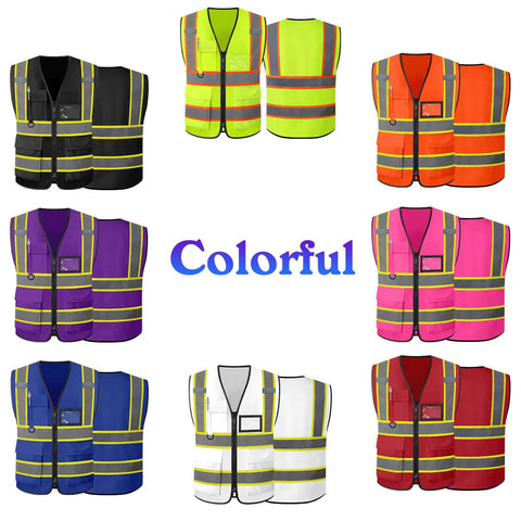 Custom High Visibility Safety Vest With Clean Slick Two Tone Look, Heavy Duty Breathable Mesh, Smooth Zip And Roomy Pockets in vibrant colors.