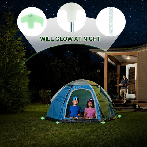 Glow In The Dark Spiral Tent Pegs 10 Pack Steel Stakes with hammer, rope, and carry bag securing a tent at night