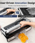 Powerful Vacuum Sealer 12 In 1 With Dual Pump, Built In Cutter, ergonomic handle sealing food bag with oranges