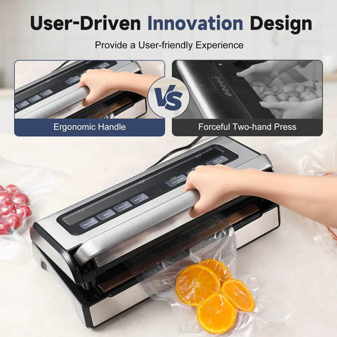 Powerful Vacuum Sealer 12 In 1 With Dual Pump, Built In Cutter, ergonomic handle sealing food bag with oranges
