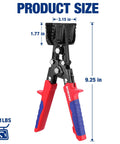 Front view: WORKPRO 3-Inch sheet metal bender and seamer tool; red/blue ergonomic handles, steel body