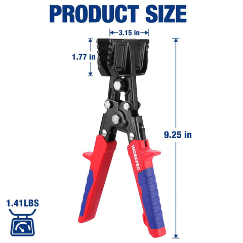 Front view: WORKPRO 3-Inch sheet metal bender and seamer tool; red/blue ergonomic handles, steel body
