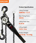 Manual Lever Chain Hoist One And A Half Ton 3300 Pounds Ten Foot Lift G80 Galvanized Carbon Steel Come Along specs