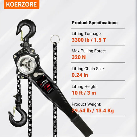 Manual Lever Chain Hoist One And A Half Ton 3300 Pounds Ten Foot Lift G80 Galvanized Carbon Steel Come Along specs