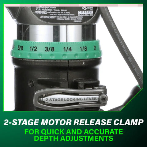 Fixed Base Router Built For Pros With 11 Amp Variable Speed Power And Two And One Quarter Peak HP, 2-stage release clamp