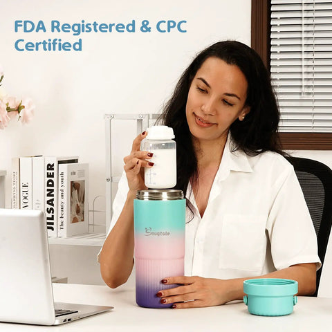 22oz Portable Breast Milk Cooler Bottle with Two BPA-Free Bottles Featuring Measurement Marks used by nursing parent in an office setting.