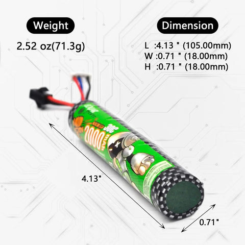 2-Pack Beefed-Up 11.1V 2000mAh Li-Ion Battery Pack With 30C Discharge for RC Cars, shown with dimensions and weight