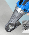 Heavy Duty Cordless Electric Metal Shears With 360 Degree Rotating Head And 2500Mah Battery cutting through sheet metal.