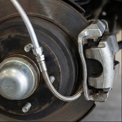Close-up of brake disc with three eighths inch sixteen foot aluminum brake line tubing for auto and motorcycle hydraulic braking systems.