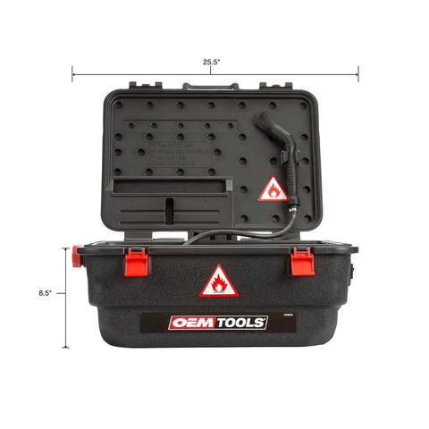 Heavy Duty Portable Parts Washer with open lid, 25.5" wide, compact design for easy garage use.