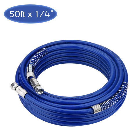 Coiled blue 50ft x 1/4 inch hose from Airless Spray Gun And 50ft Hose Kit With 8 Inch Extension Pole 517 Tip And Tip Guard 3600 PSI