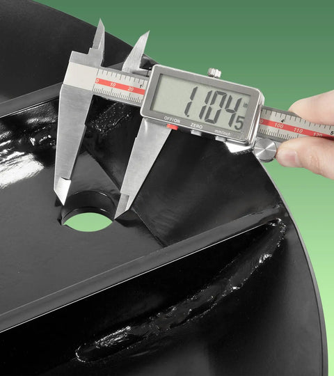 Close-up of digital caliper measuring part of Beefed Up Heavy Duty Reinforced Stump Jumper for Rotary Mowers