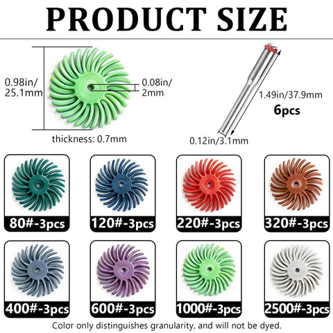 Heavy Duty Diamond Radial Bristle Disc Kit With 3mm Shank For Rotary Tools 30 Piece Flexible Nylon Abrasive Brush Set 6-piece size chart.