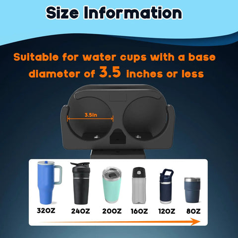 Dual Boat Cup Holder With 45 Degree Angled Mount For Lund G3 Ranger Boats, showing cup diameter size guide for bottles