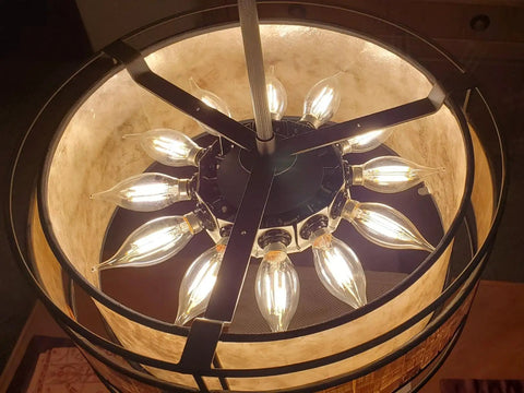 Close-up of lit chandelier using Phenolic Candelabra Socket E12 Base With 1.25 Inch Shoulder And Screw Ring, 8 Inch Wire Leads.