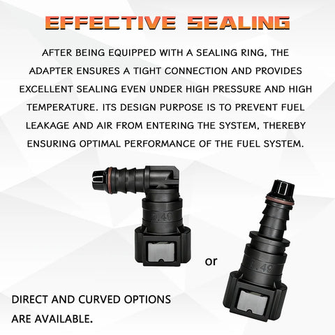 2 JYIS fuel line quick connectors, 90-degree and straight, 3/8 to 5/16 nylon tubing, black plastic with orange seals