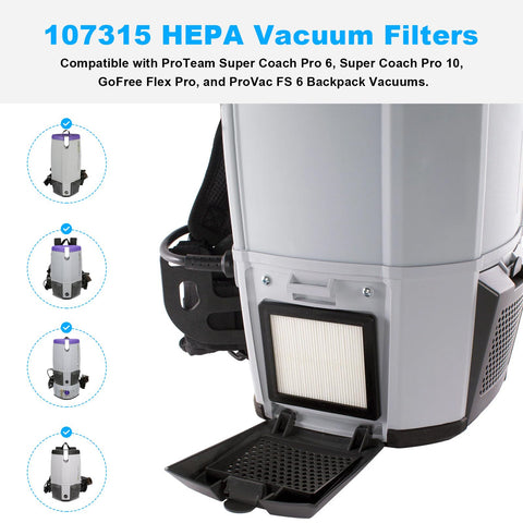 Backpack vacuum with Top Notch HEPA Vacuum Filter Replacement For Backpack Vacuums Compatible With Super Coach Pro 6 And Pro 10 GoFree Flex Pro ProVac FS 6 Twin Pack 2 Pack High Efficiency Filtration To Keep Suction Strong And Dust Free For Pro Series Models installed.