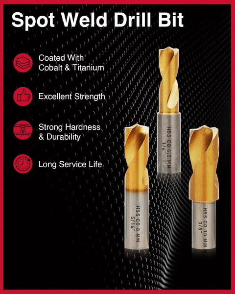 18 Piece Spot Weld Cutter Kit With Double Sided Bits Three Eighths Inch And Five Sixteenths Inch HSS Titanium Coated Cobalt Drill Bits