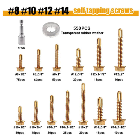 1000 Pcs Metal Self Tapping Screws Set For Steel And Aluminum Grade 8.8 Alloy, Sizes 8 10 12 14 with washers and hex head bit
