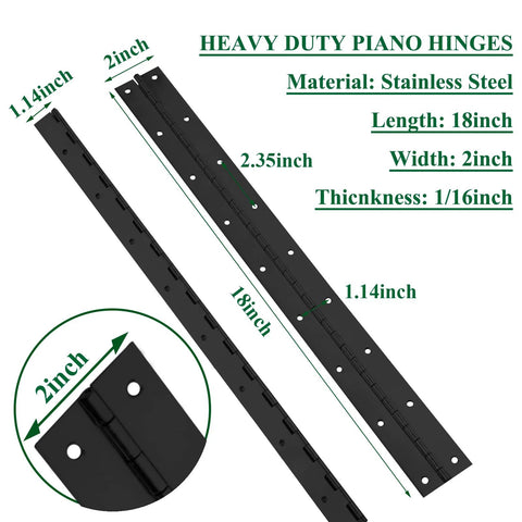 Front and side views: 2-pack heavy-duty piano hinges, black stainless steel, 18 in long, 2 in wide, with holes.