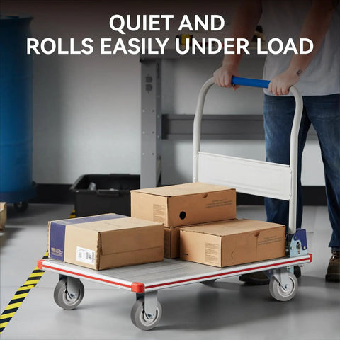 Rock Solid 4 Inch Heavy Duty Caster Wheels Featuring Silent Thermoplastic Rubber Treads And Sturdy Steel Plates for smooth rolling cart with boxes.