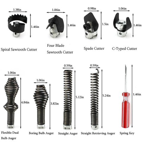Heavy Duty Drain Cleaning Attachment Kit For Snake Machines Includes Nine Cool Tools Like Grease Cutters And Spiral Drills To Clear Clogs Fast Any Home Spot Works With Ridgid C4 C6 C7 C8 C9 Units To Get Stuff Fixed, 9-piece steel set with measured heads