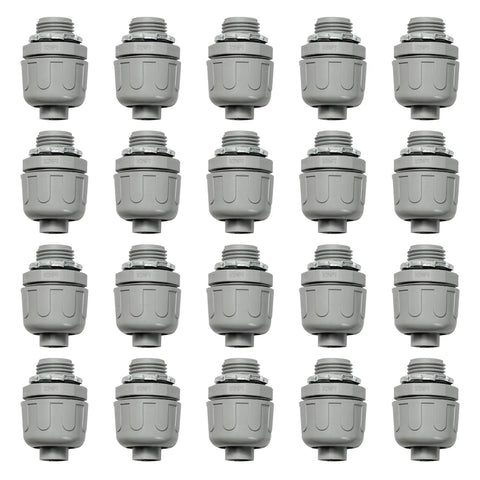 One Half Inch Liquid Tight PVC Conduit Connector NPT Non Metallic Nylon 6 180 Degree Straight Fittings Gray UL Listed Outdoor Home Use 20 Pack