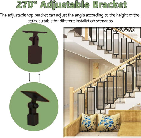 270° adjustable bracket for Rock Solid Black Iron Stair Spindles Featuring Tempered Glass Balusters Heavy Duty Staircase Railing Kit.