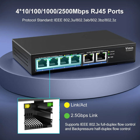 6-Port 10G and 2.5G Ethernet Switch With Dual 10GBASE-T Ports, Four 2.5G And Two 10G RJ45 Ports, on display stand, front view
