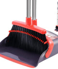 Extended Telescoping Broom And Dustpan Set With Adjustable Handle For Zero Bend Sweeping Heavy Duty Bristles close-up view of broom and pan.