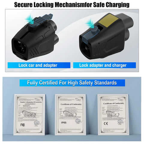 Tesla NACS To CCS1 Charger Adapter 500A 1000V Fast Charge For EVs Up To 250KW locking mechanism and certification displayed