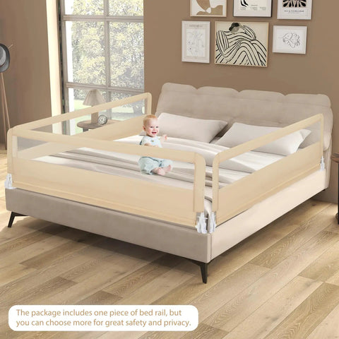 Foldable Bed Rail For Toddlers And Tots 71 Inch Safety Guard With Straps Child Lock on beige king size bed