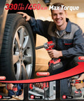 Straight Up Powerhouse 3/8 Inch Cordless Impact Wrench With Brushless Motor in use on a car tire, showcasing 330 Ft Lbs high torque.
