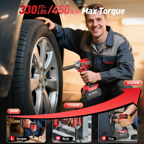 Straight Up Powerhouse 3/8 Inch Cordless Impact Wrench With Brushless Motor in use on a car tire, showcasing 330 Ft Lbs high torque.