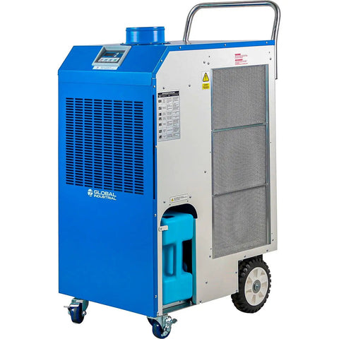 Heavy Duty Outdoor Portable Air Conditioner With 13700 Btu Cooling Capacity For Up To 315 Square Feet shown with duct kit and wheels for mobility.