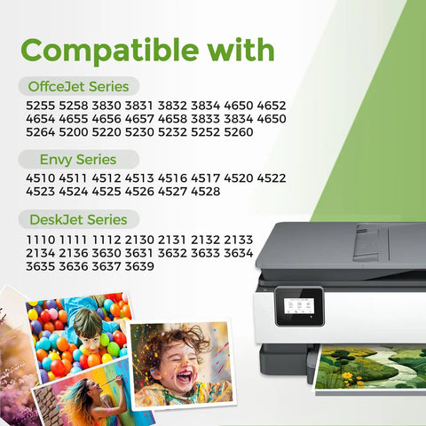 Printer compatible with HP Envy, OfficeJet, DeskJet series displaying vibrant printed photos next to 63XL Ink Cartridge Combo Pack 2 Black 1 Color 3 Pack For HP Printers With Upgraded Chips High Yield Replacement For Envy Officejet Deskjet Series Easy Install Fast Drying Budget Friendly Ink Solution packaging.