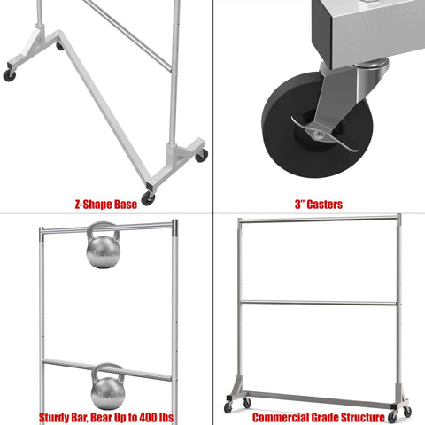 Commercial Grade Double Rod Garment Rack With Z Base, 63 Inch Tall, Holds Up To 600 Lb, Heavy Duty Steel, Smooth Rolling 3 Inch Casters