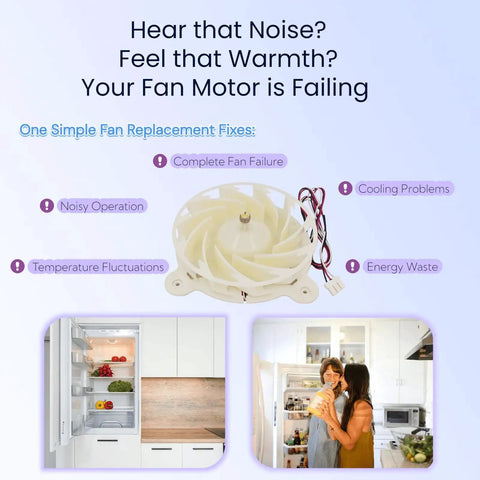 Samsung Refrigerator Evaporator Fan Motor DA31-00342A Direct Replacement image with appliance and people.