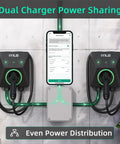 Dual setup of Level 2 EV Charger With Energy Meter 11.5kW 48A J1772 Wall Mount Charger, showing power sharing interface.