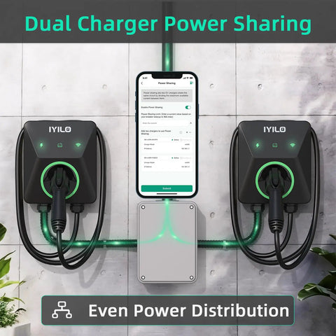 Dual setup of Level 2 EV Charger With Energy Meter 11.5kW 48A J1772 Wall Mount Charger, showing power sharing interface.