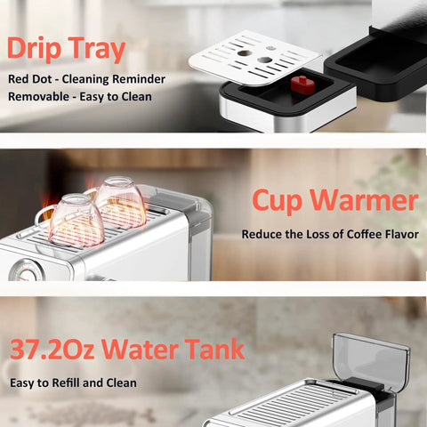 Drip tray, cup warmer, and 37.2oz water tank features of espresso machine for cafe style shot at home.
