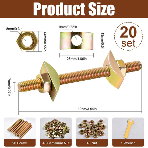 Real Deal M8 X 100Mm Countertop Connectors Kit featuring nuts, washers, and a detailed screw set with sizes and measurements.