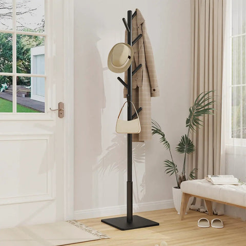 Freestanding Coat Rack With Stable Square Base 8 Hooks And 3 Adjustable Heights For Bedroom Office Or Entryway in black.