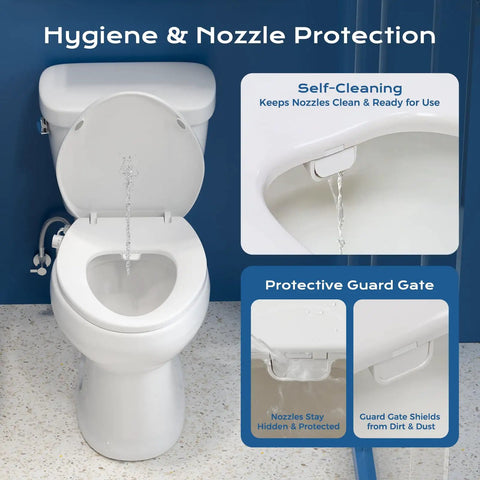 Self-cleaning Elongated Bidet Toilet Seat With Adjustable Water Pressure showing nozzles and protective guard gate.
