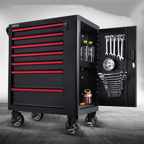 Heavy Duty Rolling Tool Box With Seven Lockable Drawers, Steel Tool Chest Cart And Side Cabinet, showing open side cabinet
