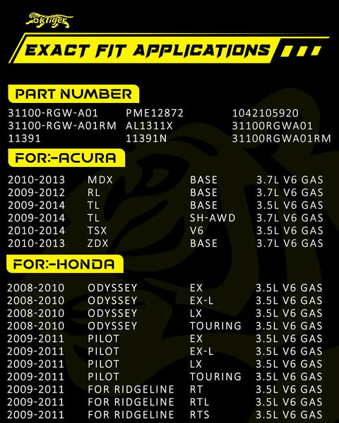 Applications list for Beefed-Up 12V 130A Alternator For Honda Pilot 2009-2011 Odyssey 2008-2010 Ridgeline 2009-2011 And Acura MDX RL TL TSX ZDX With 6 Groove Pulley CW Rotation New OE 31100 RGW A01 Replacement showing compatible Acura and Honda models and part numbers.