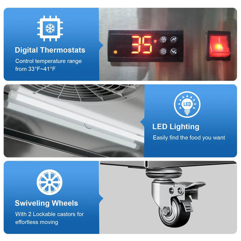 Digital thermostats, LED lighting, and swivel wheels showcase features of Rock Solid Heavy Duty 54 Inch Commercial Refrigerator Two Door Stainless Steel Reach In Upright Fridge Fan Cooled Forty Nine Cubic Feet Capacity For Restaurants Bars And Shops Built For The Daily Grind With Zero Hassle.