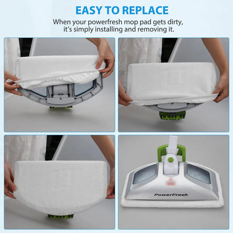 Person replacing a microfiber steam mop pad on Bissell PowerFresh showing 8 Pack Steam Mop Replacement Pads For Bissell PowerFresh Fits 1940 Series And 2075A 2685A 2181 2814 Models Works With 19402 19404 19408 19409 1940A 1940F 1940Q 1940T 1940W For Quick Effortless Clean